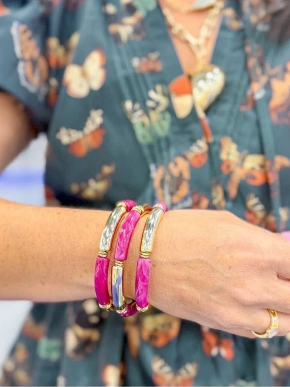 Pink and Gold Triple Enamel Bangle Set